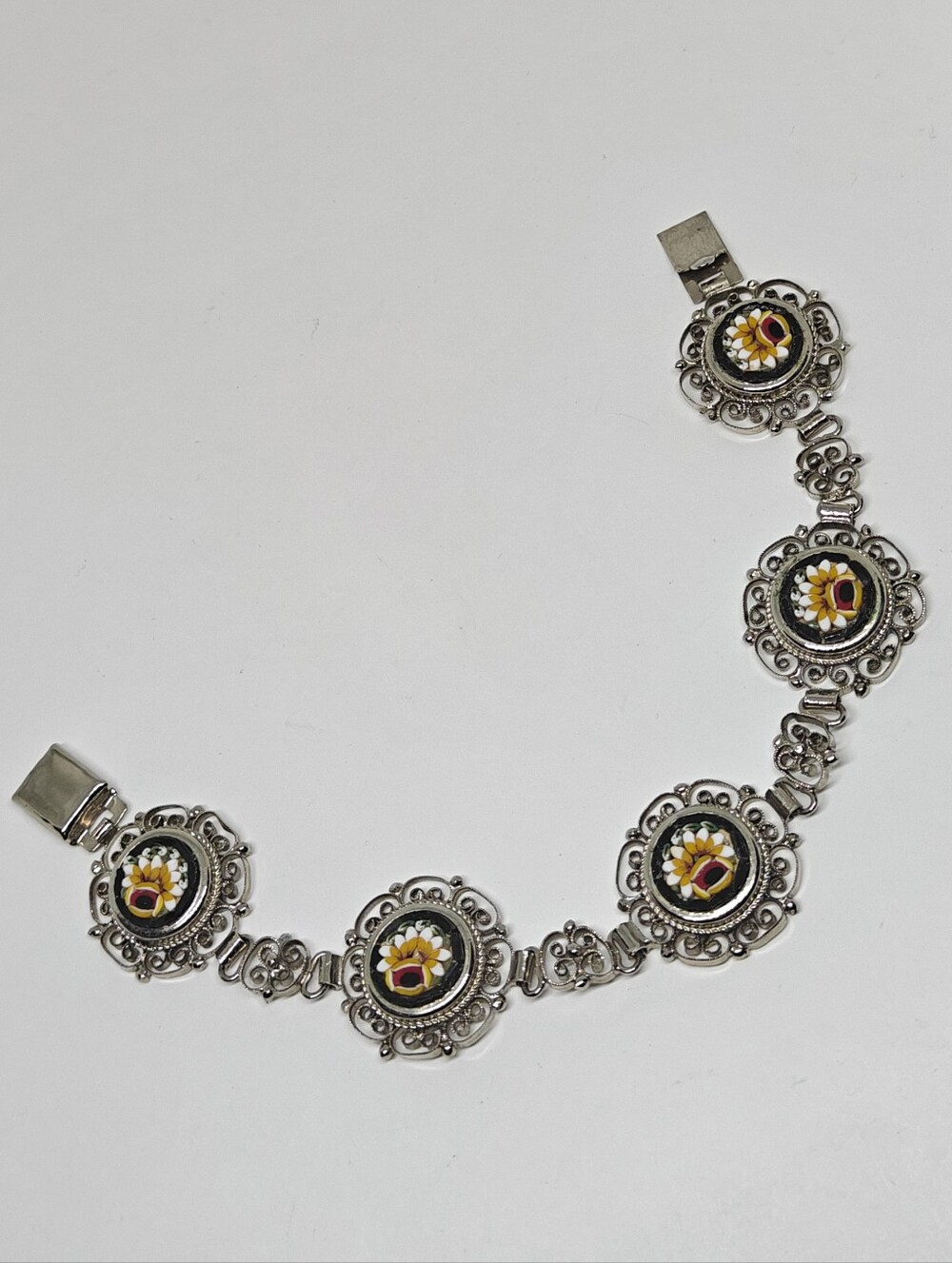 Vintage Italian Mosaic Bracelet In Silver Filigree Metal